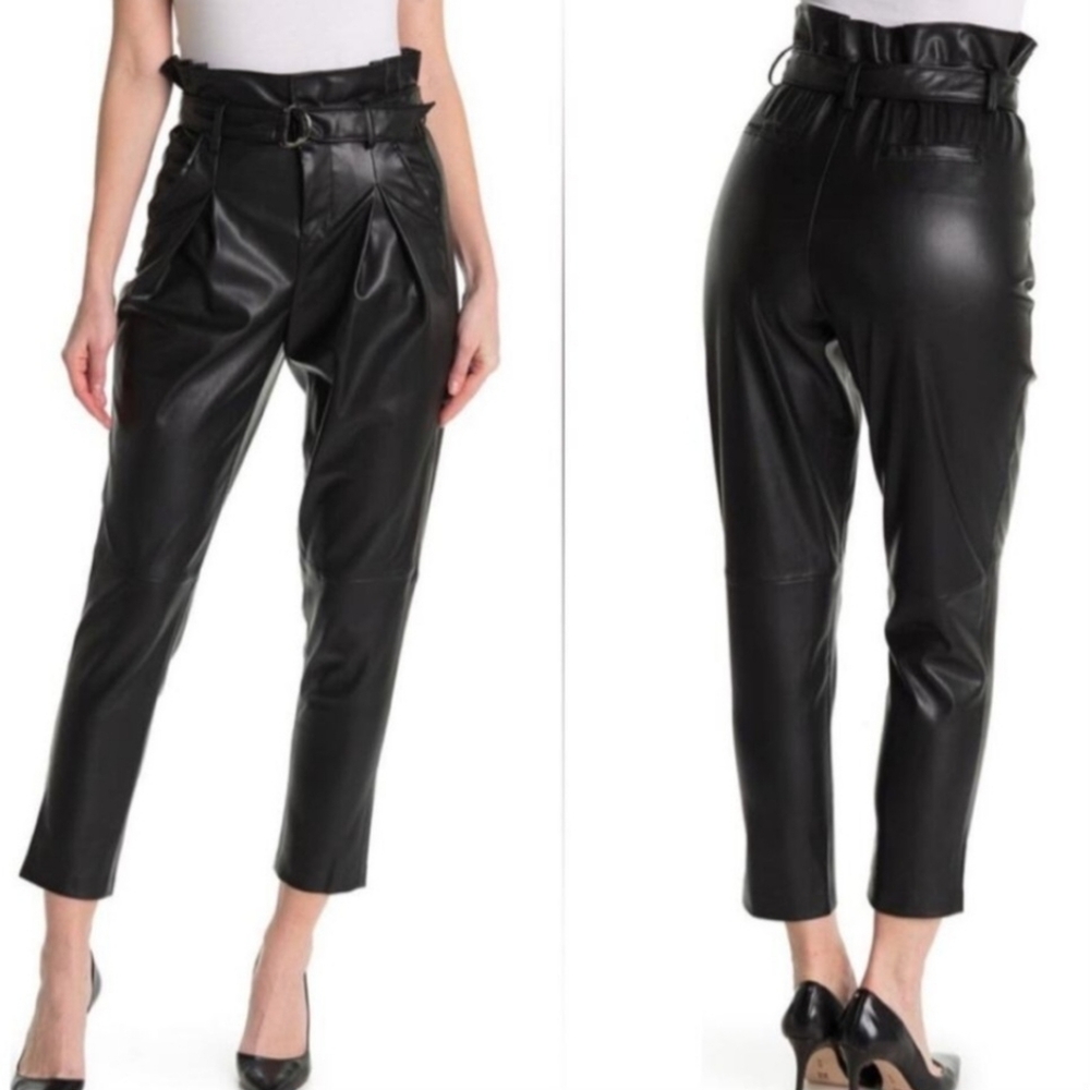 NEW Blank NYC Black Faux Leather Pleated Paperbag Waist High Rise Tapered Pants